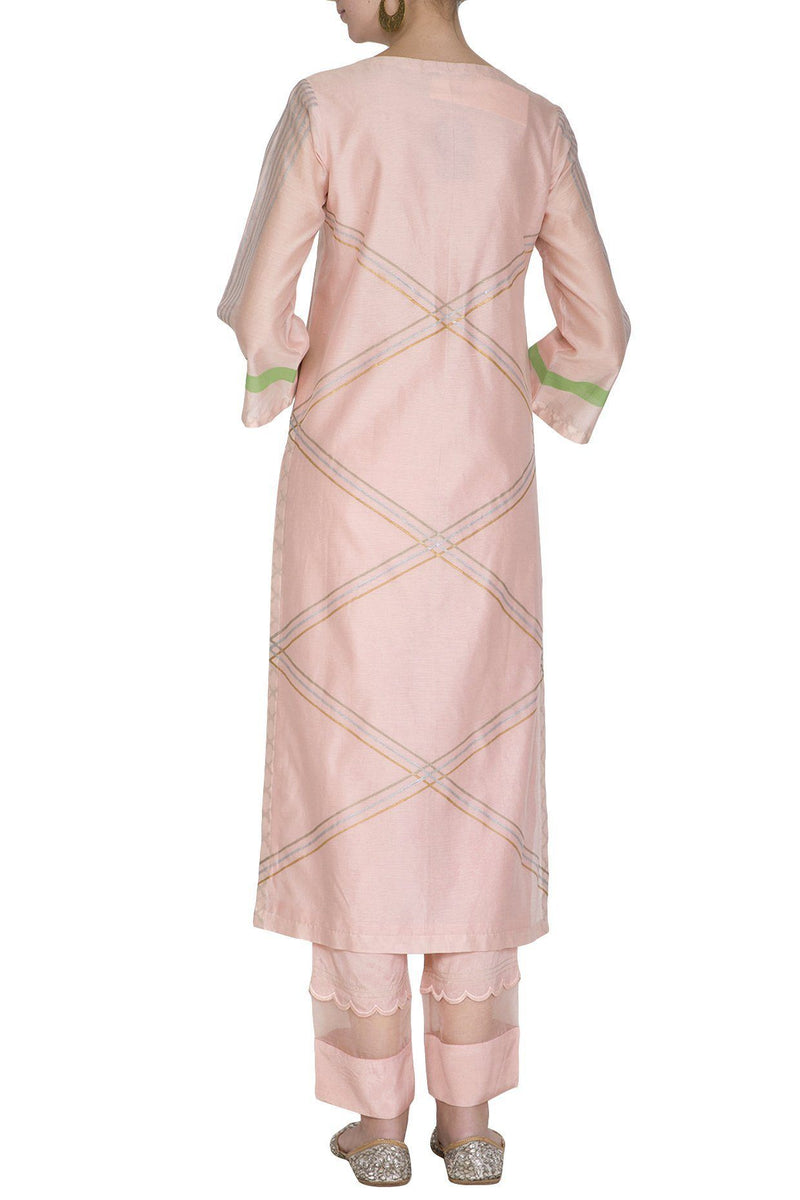 Light Pink Chanderi Kurta With Pants - devnaagri