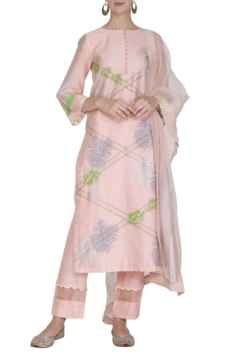 Light Pink Chanderi Kurta With Pants - devnaagri