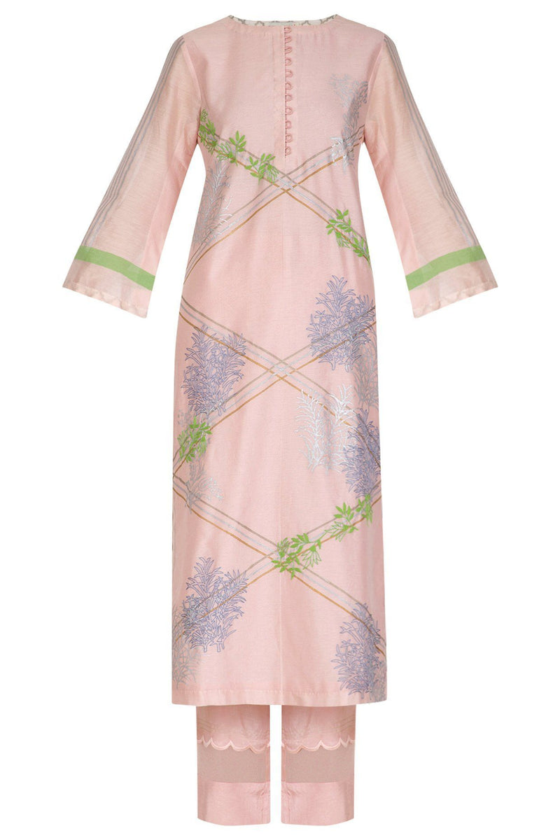 Light Pink Chanderi Kurta With Pants - devnaagri