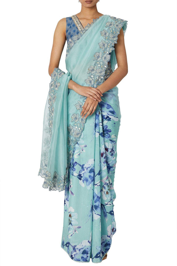 Sea Green Half & Half Digital Print Saree