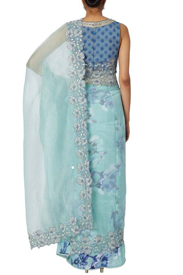 Sea Green Half & Half Digital Print Saree