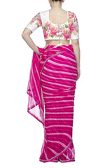 Pink Leheriya Saree with Hand Painted Blouse - devnaagri