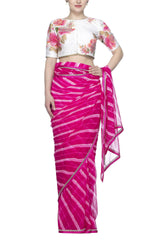 Pink Leheriya Saree with Hand Painted Blouse - devnaagri