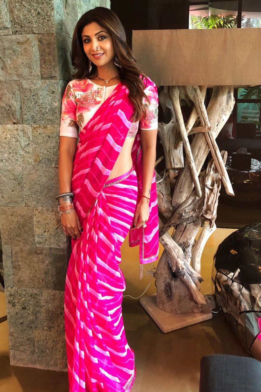 Shilpa Shetty Kundra In Pink Leheriya Saree with Hand Painted Blouse