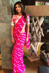 Shilpa Shetty Kundra In Pink Leheriya Saree with Hand Painted Blouse
