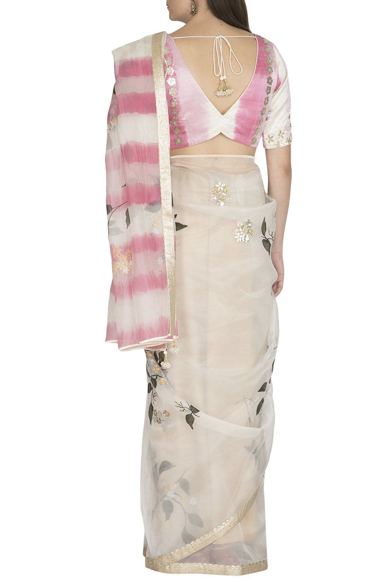 Ivory Pink Hand Painted Saree with Tie & Dye Blouse - devnaagri