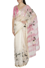 Ivory Pink Hand Painted Saree with Tie & Dye Blouse - devnaagri