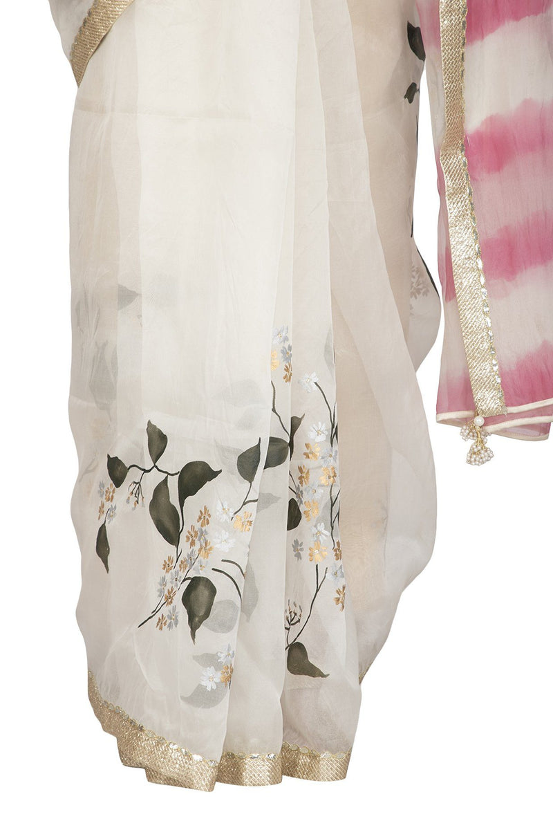 Ivory Pink Hand Painted Saree with Tie & Dye Blouse - devnaagri