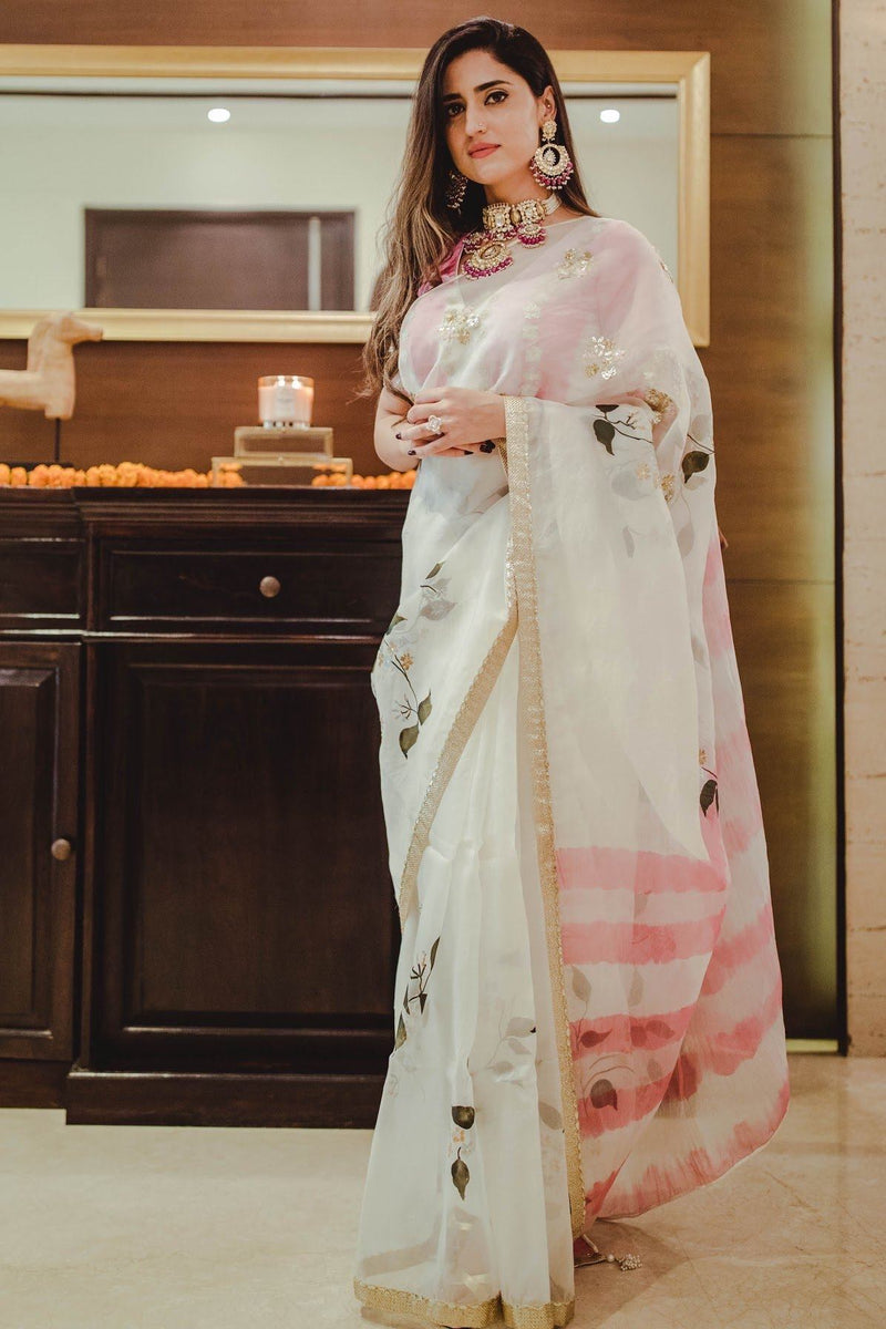 Shivani Raina In Ivory Pink Hand Painted Saree with Tie & Dye Blouse