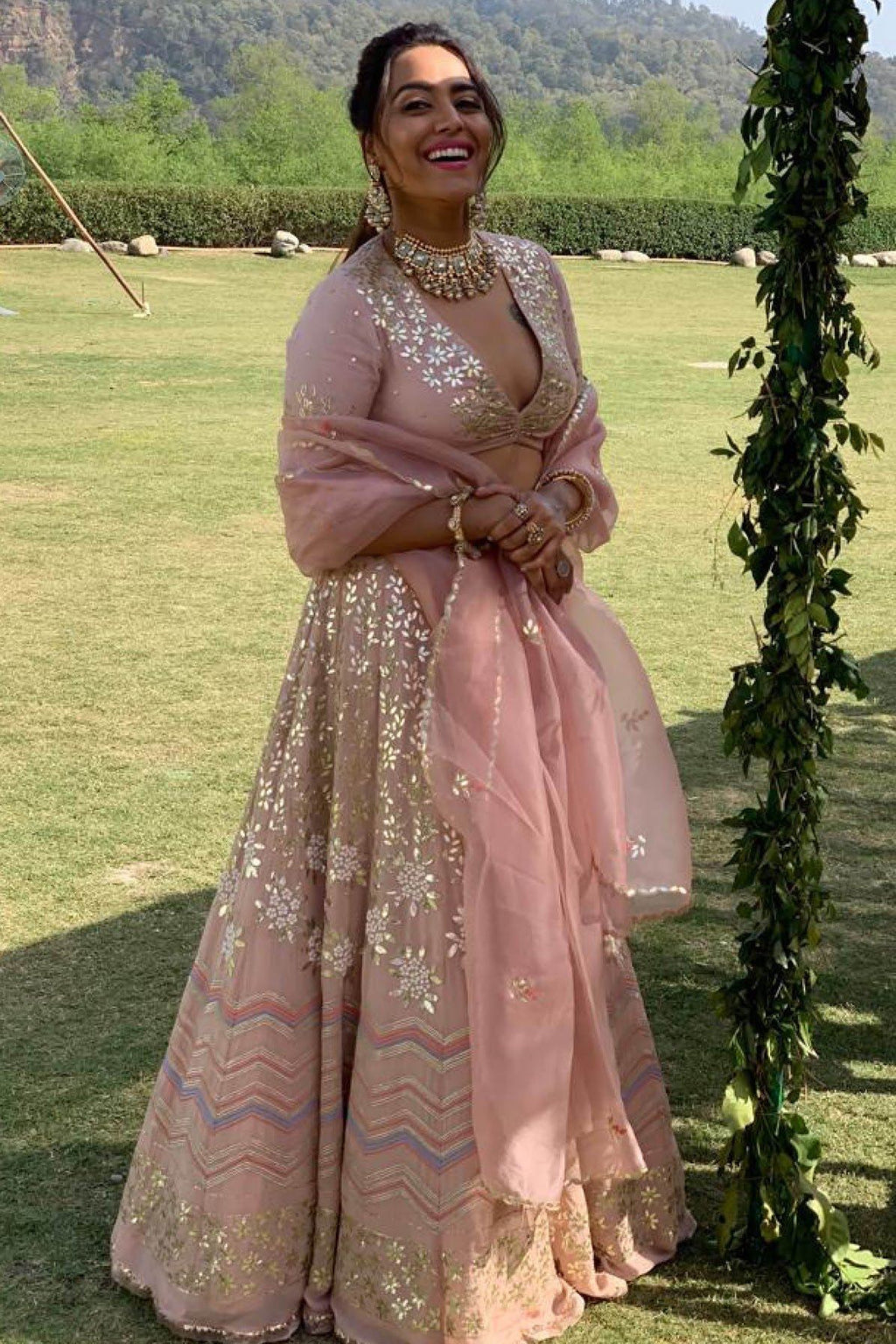 Swara bhaskar In Blush Pink Georgette Lehenga with Mul Mukaish Blouse