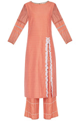 Coral Straight kurta with Block Printed Pallazo - devnaagri