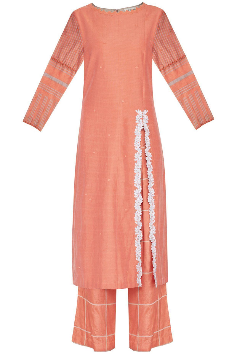 Coral Straight kurta with Block Printed Pallazo - devnaagri