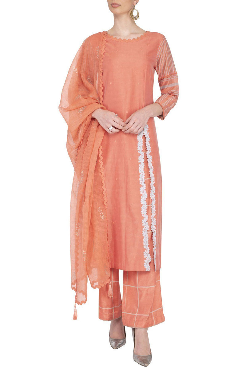 Coral Straight kurta with Block Printed Pallazo - devnaagri