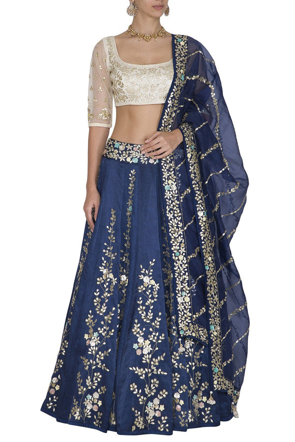Twilight Blue Lehenga & Dupatta with Ivory Blouse - devnaagri