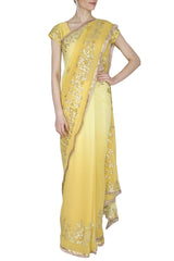 Yellow Georgette Saree with Mukaish Chanderi Blouse - devnaagri