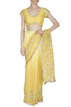 Yellow Georgette Saree with Mukaish Chanderi Blouse - devnaagri