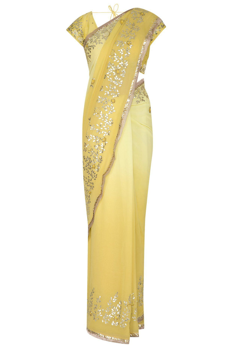 Yellow Georgette Saree with Mukaish Chanderi Blouse - devnaagri