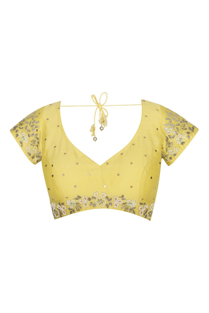Yellow Georgette Saree with Mukaish Chanderi Blouse - devnaagri