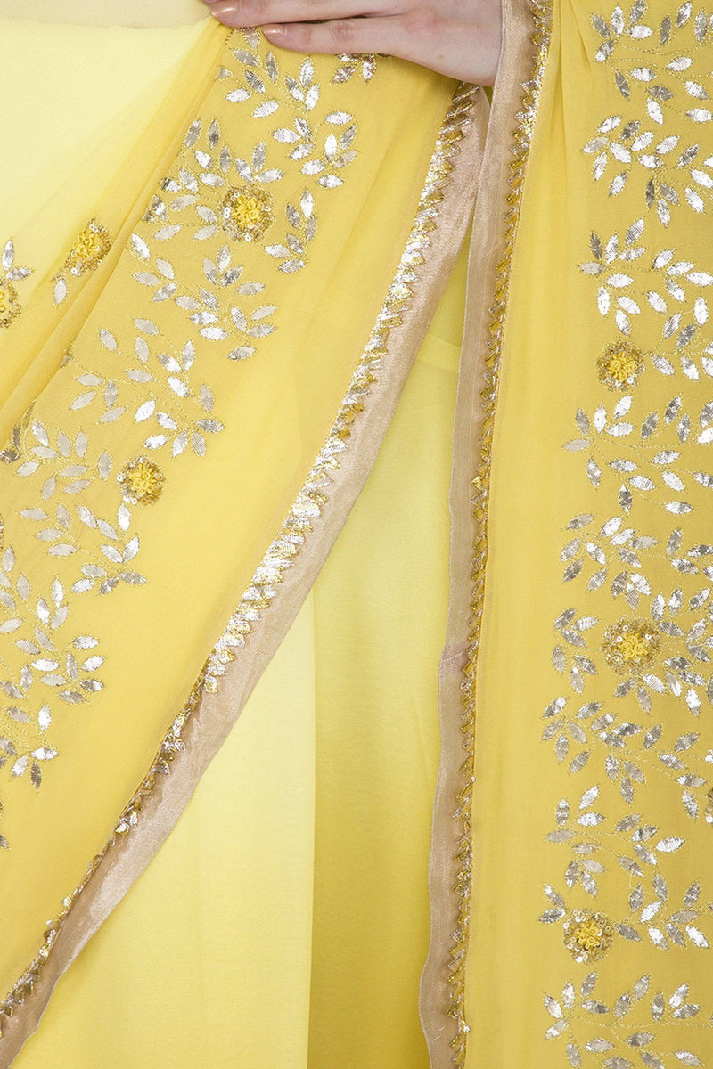 Yellow Georgette Saree with Mukaish Chanderi Blouse - devnaagri